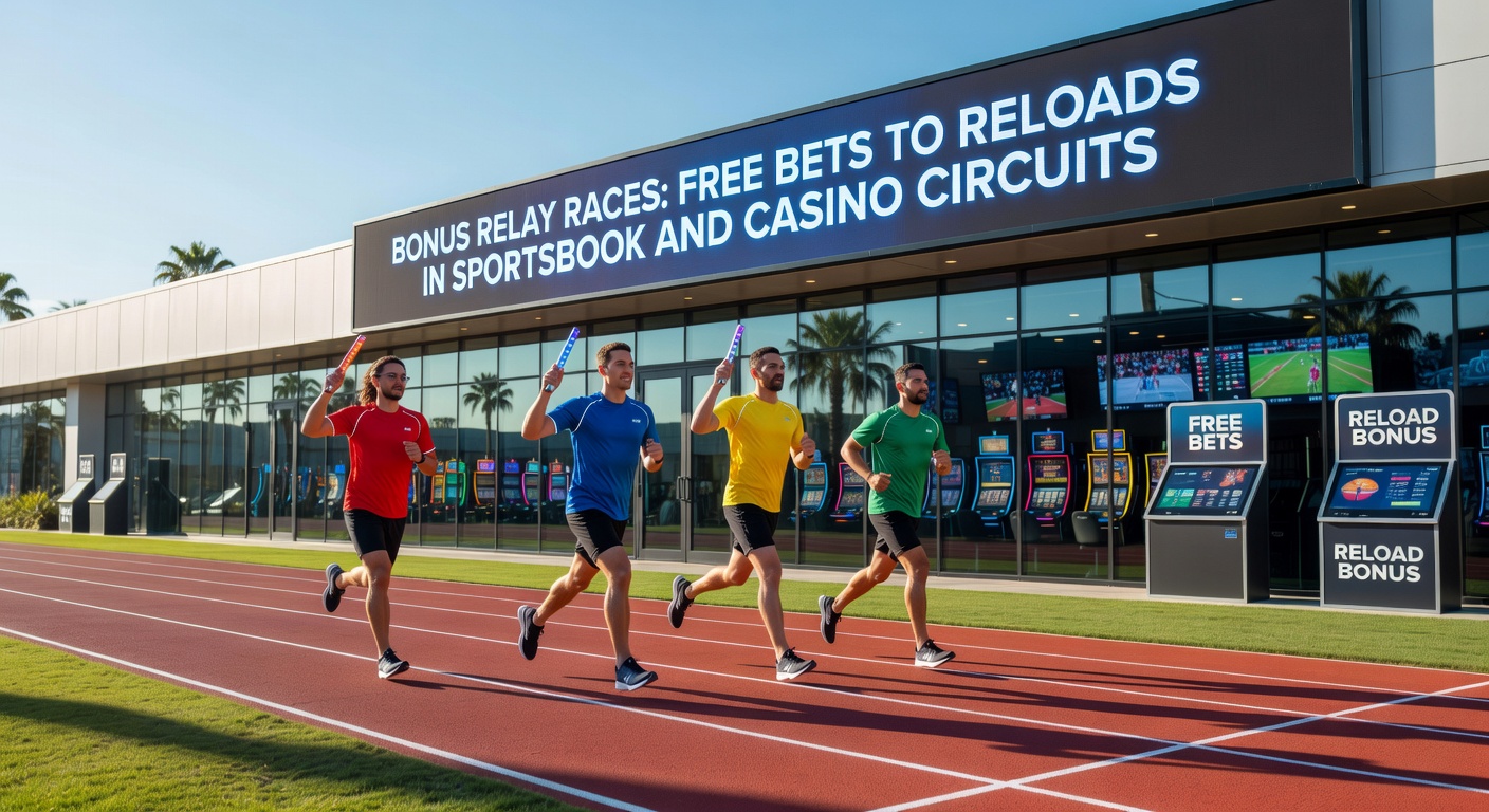 Dynamic graphic showing a relay race baton pass from free bet to reload bonus icons across sportsbook and casino platforms