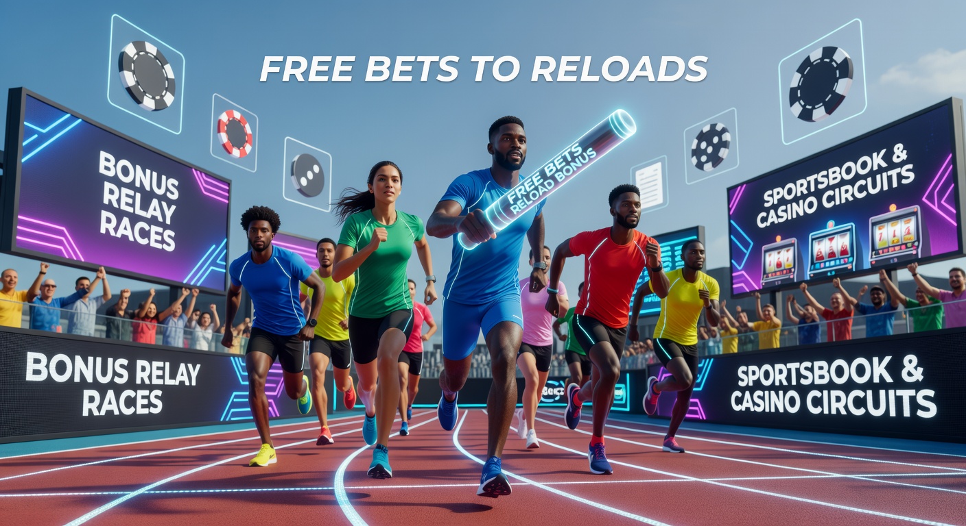 Visual relay race track transitioning from sportsbook free bet hurdles to casino slot reels and reload bonus finish line