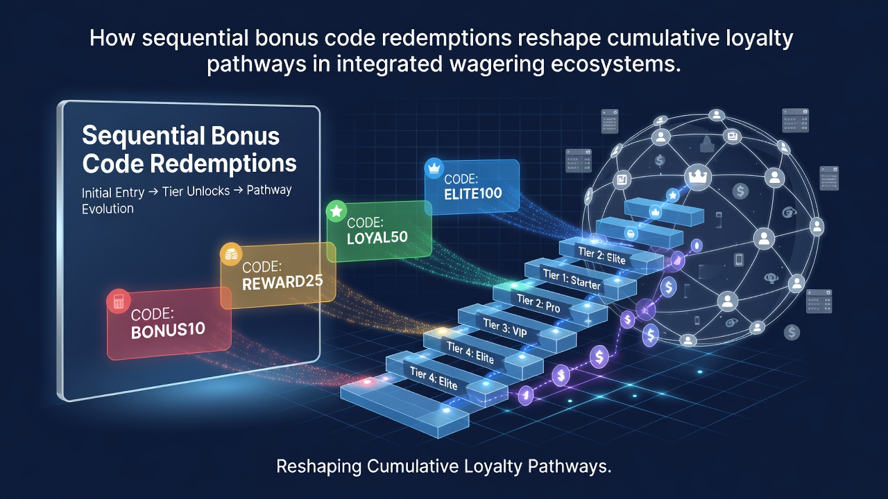 Diagram showing how sequential bonus code redemptions connect different stages of loyalty pathways in wagering platforms