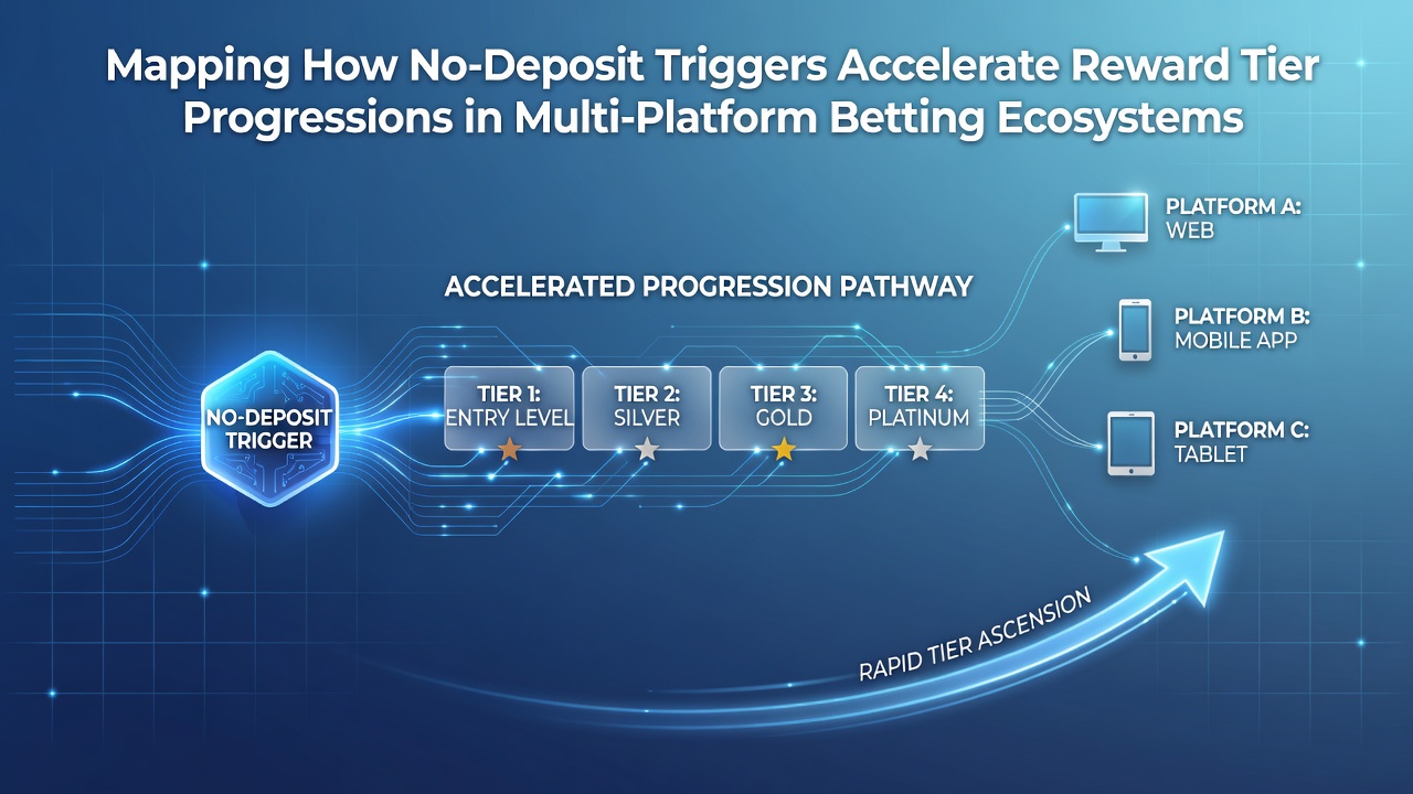 Diagram illustrating no-deposit bonus flows across integrated betting platforms and tier progression paths