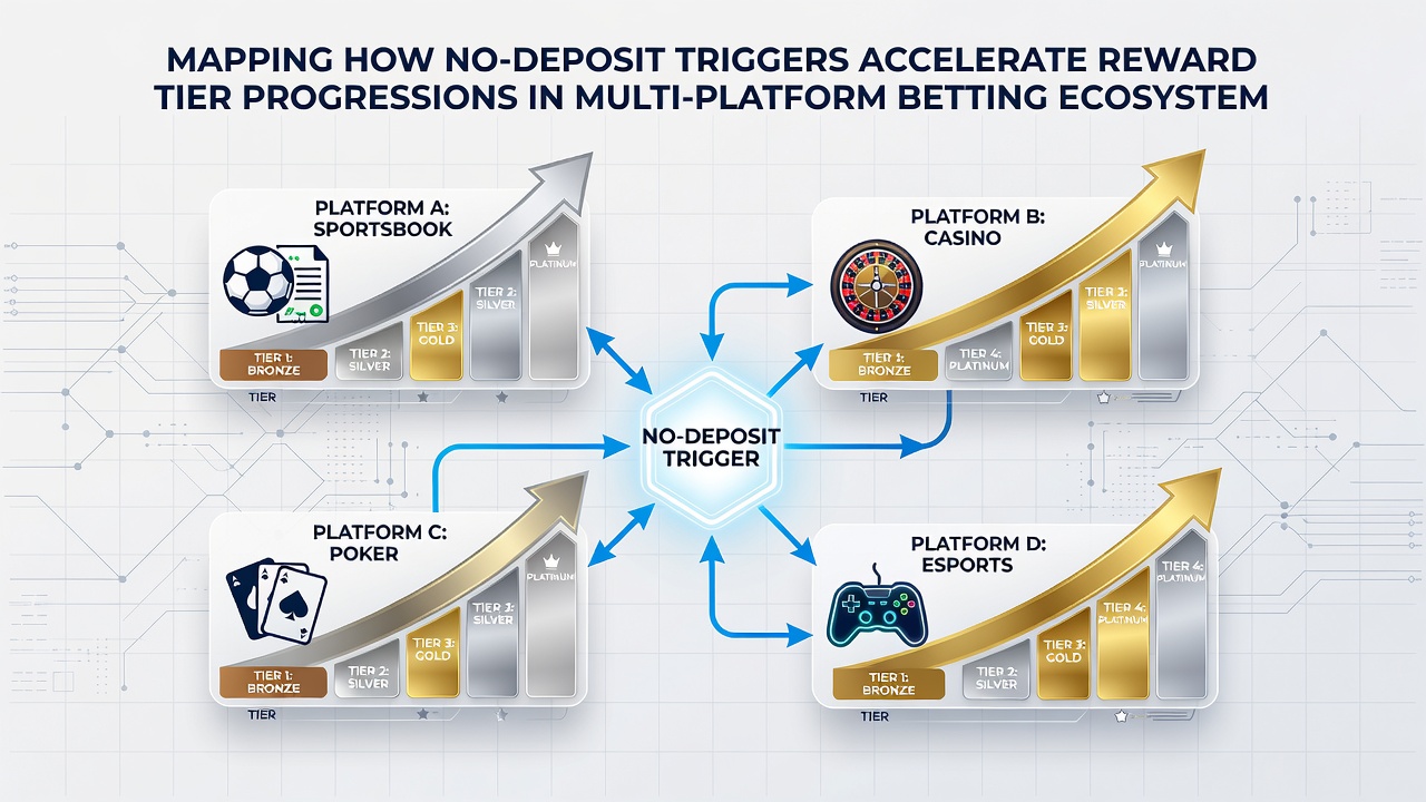 Flowchart showing reward tier acceleration from no-deposit triggers through multi-platform wagering cycles