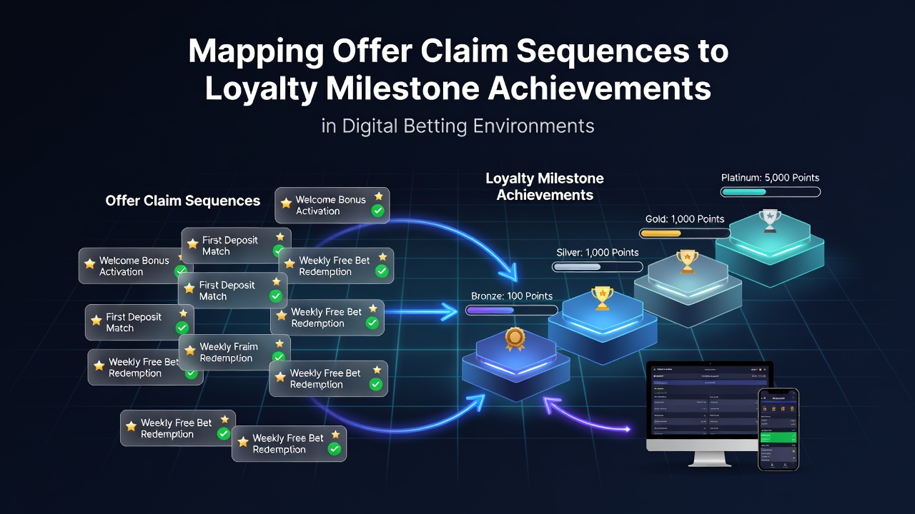 Diagram showing sequences of bonus claims flowing into loyalty milestone pathways on digital betting platforms
