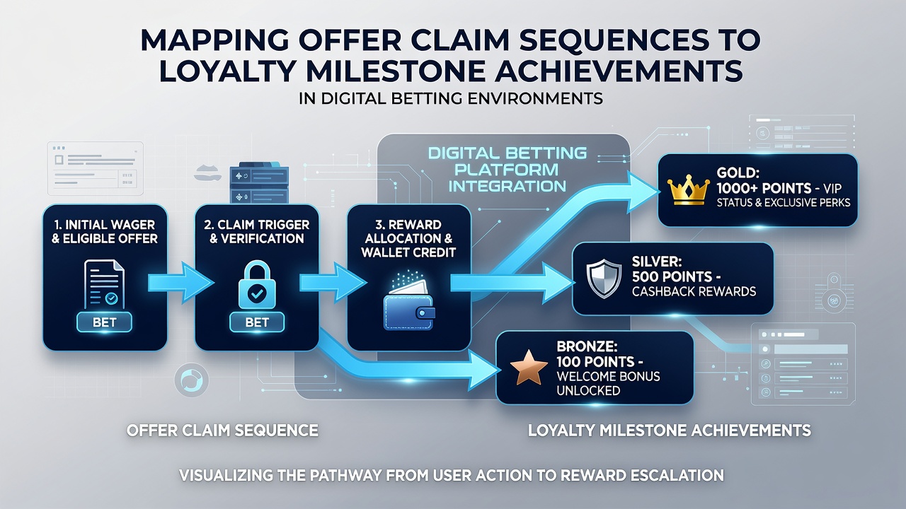 Flowchart illustrating loyalty milestone achievements triggered by sequential offer claims in online betting environments