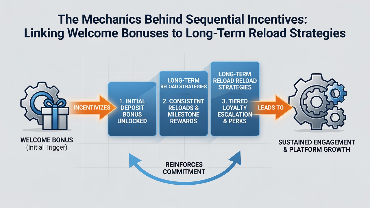 Flowchart showing reload bonus activation linked to welcome bonus completion in combined wagering systems